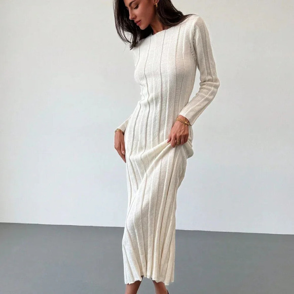 Dresses & Skirts - Beige Elegant Women's Crew Neck Long Warm & Comfortable Knit Casual Dress